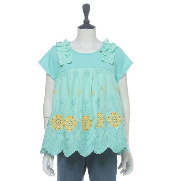 【新品】ANNASUIminiアナスイミニ肩フリル刺しゅうローン異素材切り替えTシャツ110cmグリーントップス半袖ナルミヤ女の子