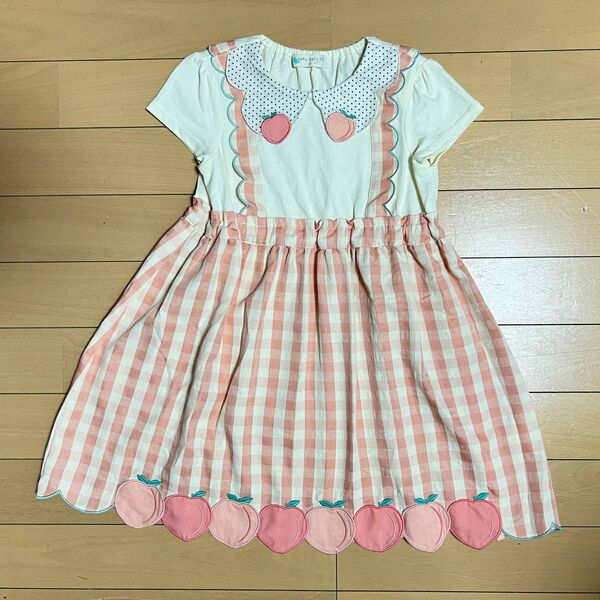 【着1回】BabyCheerベイビーチアーももワンピース100cmピンクピーチ桃ギンガムチェックベビチアナルミヤ春夏半袖女の
