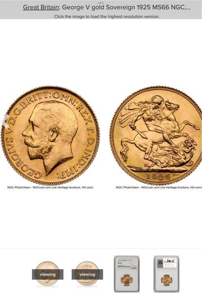 ヘリテージ・オークション落札 ジョージ5世 ソブリン金貨 1925年 MS66 NGC鑑定