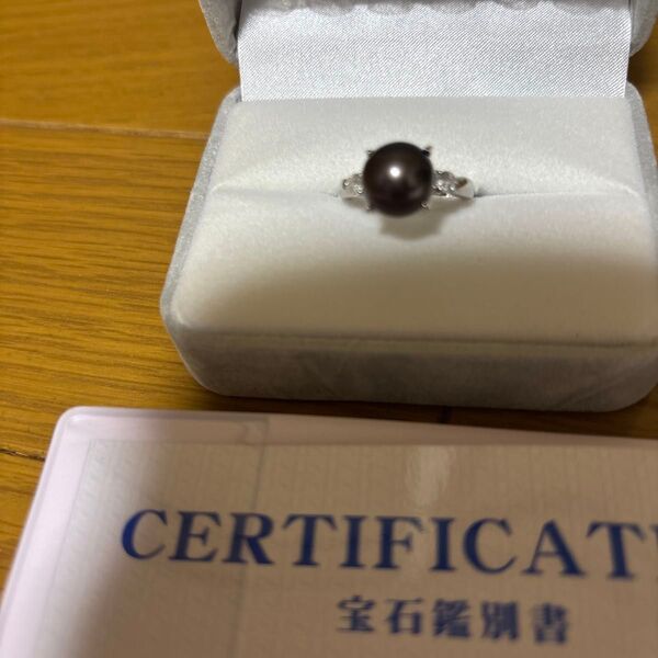 未使用品 黒蝶真珠 リング #12号 PT900 脇石0.21天然ダイヤモンド鑑別書付き