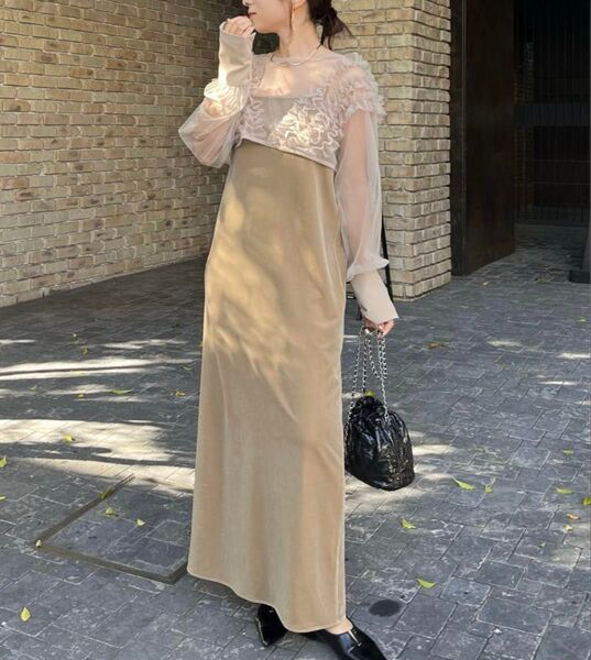 CAPRICIEUXLE’MAGE チュールフリルベロアワンピース 結婚式 お呼ばれ オケージョン ドレス