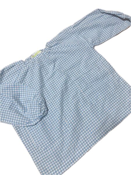 新品 水色チェック柄 長袖スモック エプロン 遊び着 幼稚園 保育園 95 100 110