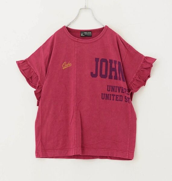 キューブシュガーパウダー加工リメイク風切り替えロゴプリントフリルスリーブTシャツ