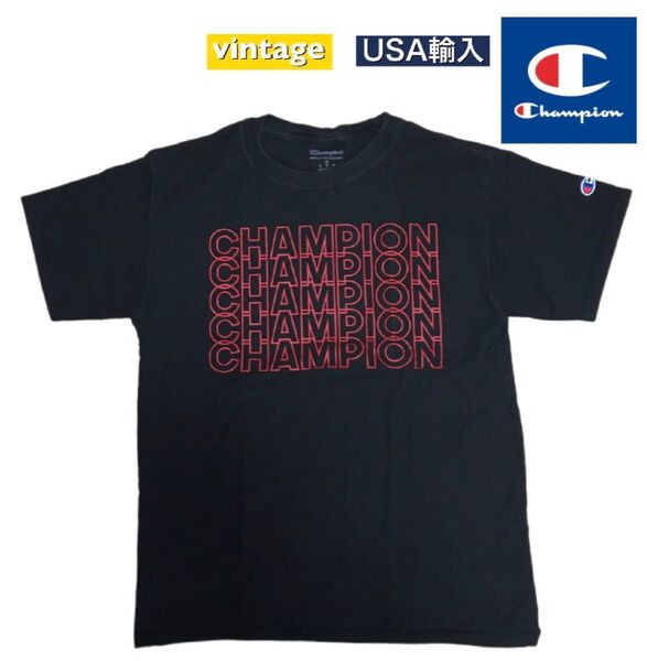 champion チャンピオン Tシャツ 半袖 刺繍ロゴ ビンテージ USA輸入 M 黒 ワンポイントロゴ 古着