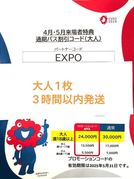 大人1枚 割引コード EXPO2025 大阪関西万博 大阪関西万博2025 チケット 通期パス