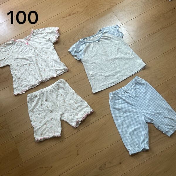 95 100 女の子 子供 キッズ 半袖 花柄 チェック フリル パジャマ 可愛い オシャレ 部屋着 寝巻き セットアップ