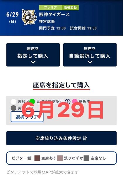 ヤクルトスワローズVS阪神タイガース 6月29日(日) 13時30分試合開始予定 ビジター席外野C2 通路側含む2枚 神宮球場