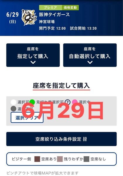 ヤクルトスワローズVS阪神タイガース 6月29日(日) 13時30分試合開始予定 ビジター席外野C2 通路側含む2枚 神宮球場