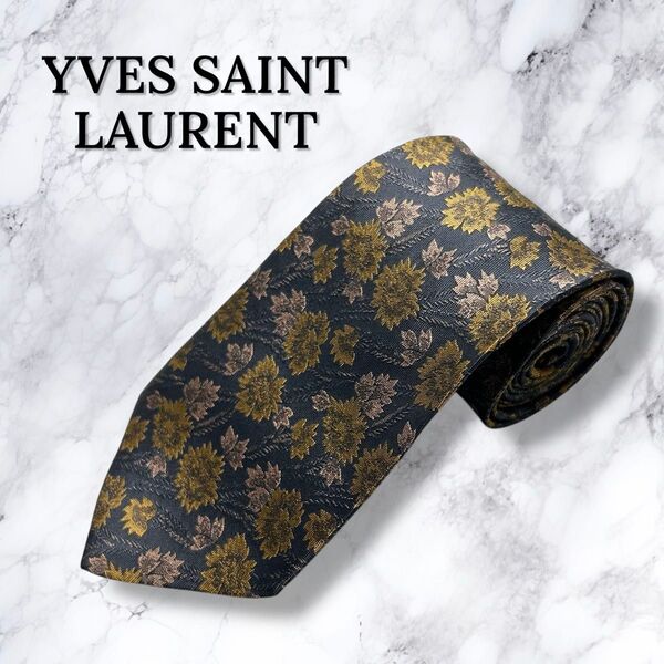 【新品・送料無料】イヴサンローラン ネクタイ 花柄 リーフ柄 シルク 光沢感 YVES SAINT LAURENT レギュラータイ