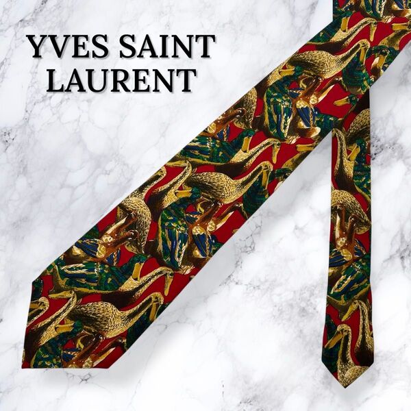 【新品・送料無料】イヴサンローラン ネクタイ 鳥柄 レッド系 シルク 総柄 YVES SAINT LAURENT レギュラータイ