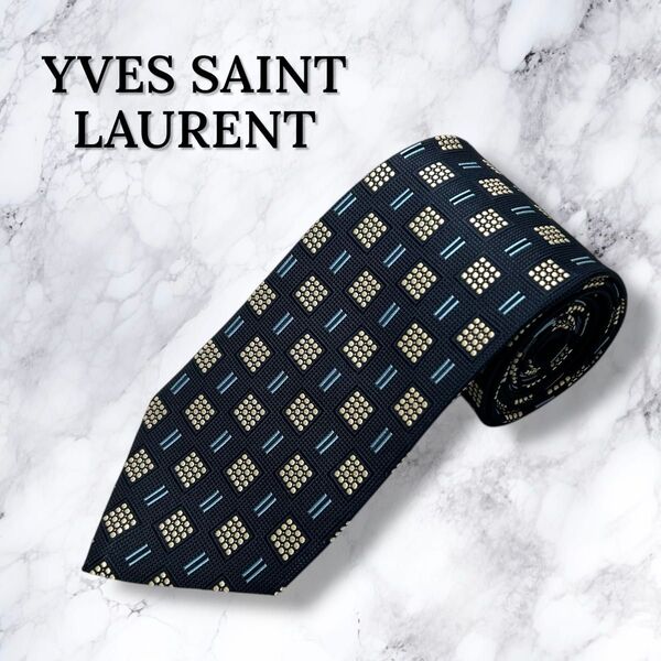 【新品・送料無料】イヴサンローラン ネクタイ ネイビー シルク 総柄 格子柄 YVES SAINT LAURENT レギュラータイ
