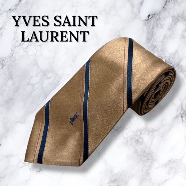 【極美品・送料無料】イヴサンローラン ネクタイ ゴールド ストライプ ロゴ入 YVES SAINT LAURENT レギュラータイ
