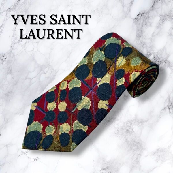 【新品・送料無料】イヴサンローラン ネクタイ シルク 総柄 レッド系 YSL YVES SAINT LAURENT レギュラータイ
