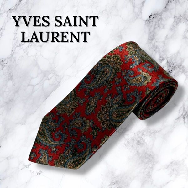 【新品・送料無料】イヴサンローラン ネクタイ ペイズリー柄 レッド系 光沢感 YVES SAINT LAURENT レギュラータイ