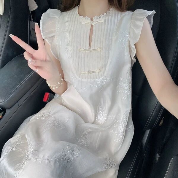 刺繍チャイナドレス風ワンピース ホワイト フリーサイズ