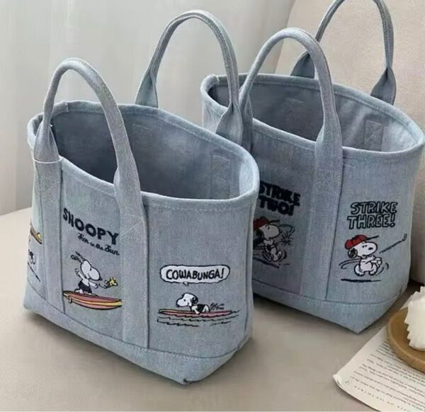 【新品】スヌーピー トートバッグ 刺繍バッグ デニム 生地 野球 サーフィン SNOOPY 小さめバッグ ランチバッグ 可愛い