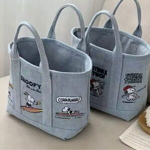 【新品】スヌーピー トートバッグ 刺繍バッグ デニム 生地 野球 サーフィン SNOOPY 小さめバッグ ランチバッグ 可愛い