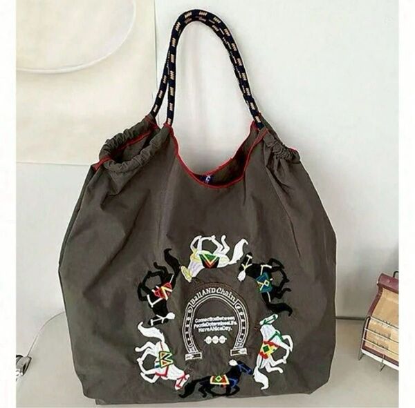 【新品】レディース 刺繍バック 馬 トートバッグ エコバッグ ホース 新品未使用 グレー ネイビー 丈夫 軽量 ショッピングバック