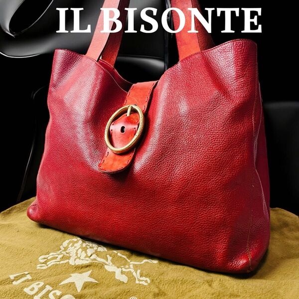 美品 IL BISONTE イルビゾンテ トートバッグ 肩掛け A4 赤 ショルダー 大容量 本革 レザー