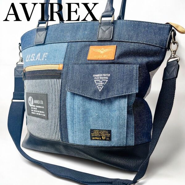 未使用品 AVIREX アビレックス 大容量 トートバッグ 2way デニム ショルダーバッグ ブラック 斜めがけ