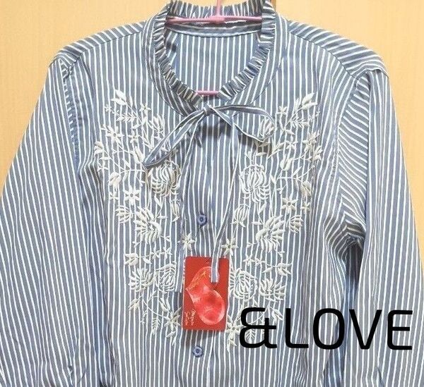 &LOVE 驚きの華奢見え エンブロイダリーチュニック ブラウス ストライプ ブルー