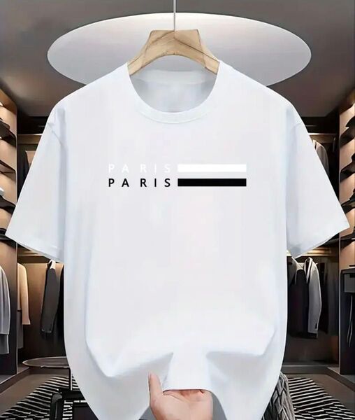 パリ文字プリント メンズ カジュアルクルーネックTシャツ、通気性 ポリエステルニットファブリック レギュラーフィット、夏用
