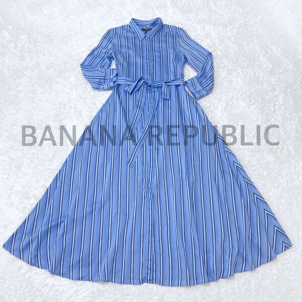 【13号】 BANANA REPUBLIC ストライプ シャツワンピ Aライン ワンピース シャツワンピース ブルー 長袖