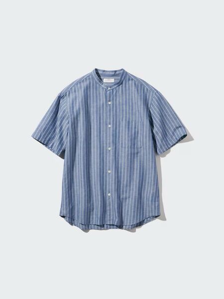 完売品 コットンリネンスタンドカラーシャツ/ストライプ ブルー XL ユニクロ