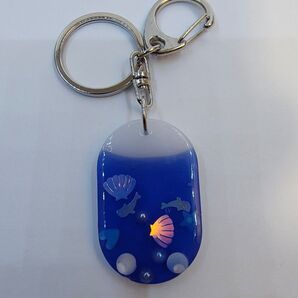 レジンにイルカや貝、パール等のパーツを閉込めた海をイメージしたキーホルダーになります。
