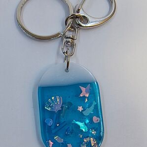 レジンにイルカや貝等のパーツを閉込めた海をイメージしたキーホルダーになります。