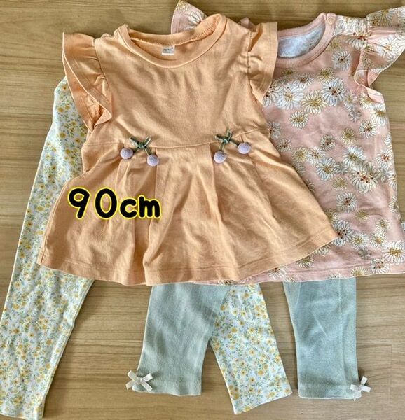 Tシャツ チュニック レギンスパンツ 90cm 女の子 ユニクロ プティマイン アプレレクール 花柄 オレンジ キッズ 子供服
