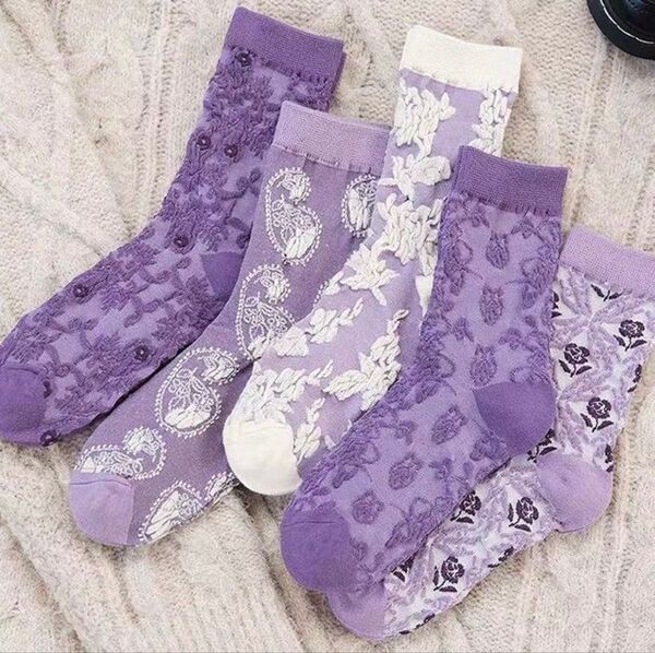婦人靴下 レディース 女の子 ソックス 綿 個性的 パープル 花柄 可愛い 20cm~24.5cm 5足セット