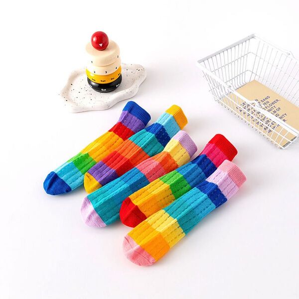 キッズ 靴下 子供ソックス 登園通学 綿 虹カラー レインボー 個性的 メッシュ 春夏 約15cm~18cm 5足セット
