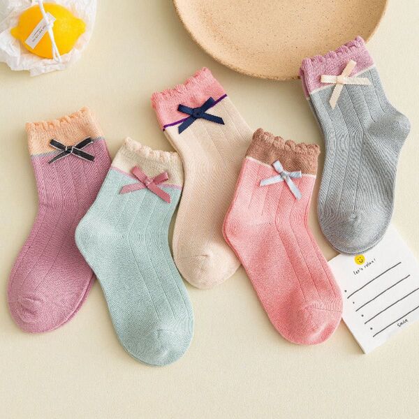 キッズ 靴下 子供ソックス 綿 約17cm~23cm 登園通学 リボン 女の子 5足セット