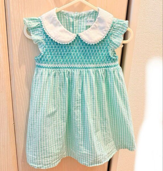 ショパン ベビー ワンピース スモッキング 丸襟 レース ギンガムチェック グリーン ベビー服 女の子 肩フリル