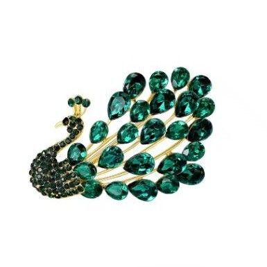 ブローチ クジャクC 孔雀 くじゃく 鳥 グリーン 緑 ジルコニア ラインストーン 豪華 上品 華麗 アクセサリーピン