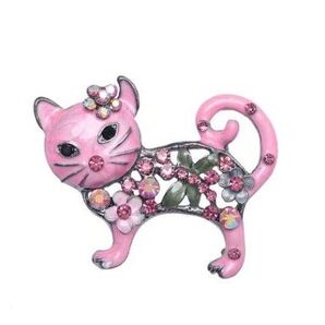ブローチ エナメル猫 ピンク色 エナメル調 ラインストーン マルチカラー 可愛い かわいい アクセサリーピン