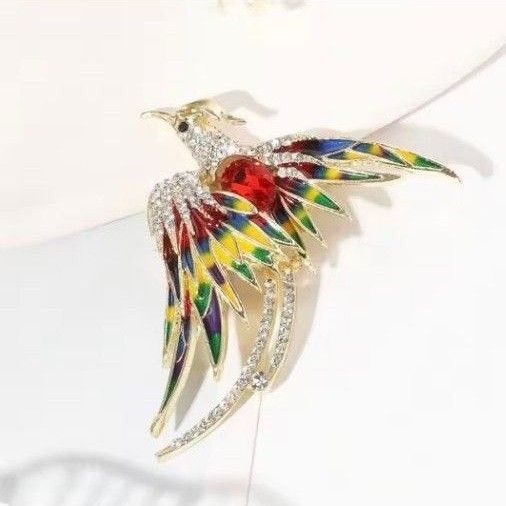 ブローチ ペンダントトップ フェニックス 鳥 マルチカラーの羽 大きいピンクジルコニア ラインストーン 上品 豪華