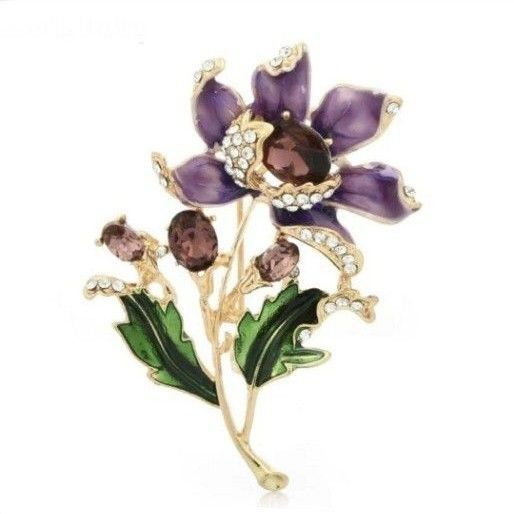 ブローチ ペンダントトップ 紫の花 フラワー パープル エナメル調 ジルコニア 上品 アクセサリーピン