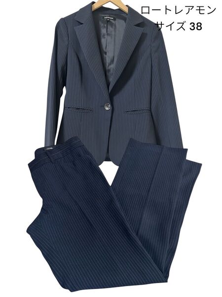 美品 LAUTREAMONT レディース パンツスーツ 38 紺 ストライプ