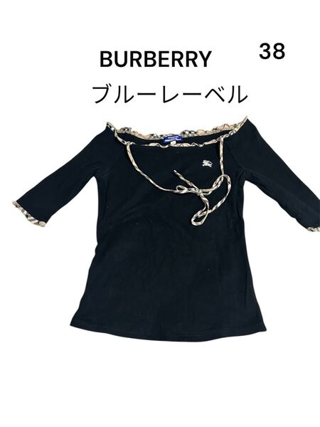 BURBERRY BLUE LABEL カットソー 38 ブラック 黒ブルーレーベル 五分袖ノバチェック柄リボン ホース刺繍