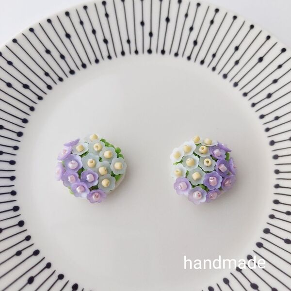 128 紫 白 花 紫陽花 あじさい アジサイ ピアス イヤリング