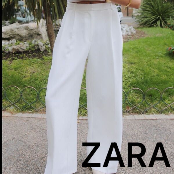 【美品】ZARA ホワイト ワイドレッグハイライズパンツ M ワイドパンツ スラックス センタープレス