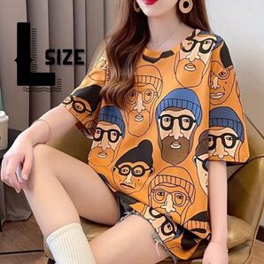 レディース Tシャツ ゆったり 個性的 顔 イラスト大柄 おしゃれ Lサイズ