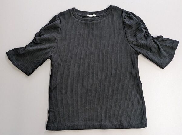 GU ジーユー リブボリュームスリーブコンパクトT 半袖Tシャツ S クルーネック 黒 Tシャツ