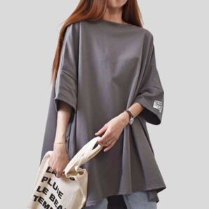 グレー オーバーサイズ ロング丈 半袖 クルーネック Tシャツ ゆったり おしゃれ 無地 シンプル ドロップショルダー