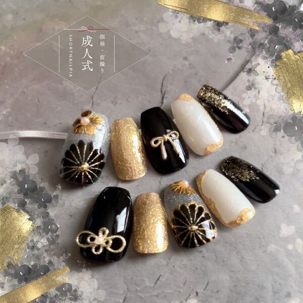 《現品》振袖-黒 ネイルチップ 現品 前撮り 成人式 結婚式 卒業式 着物 和柄 和モダン ハンドメイド アクセサリー アーモンド