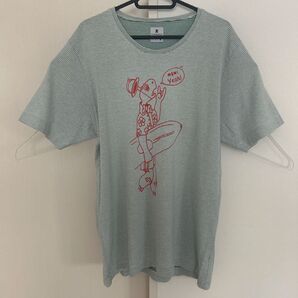 R.NEWBOLD 半袖Tシャツ 細ボーダー フロントデザイン メンズXL グリーン コットン100
