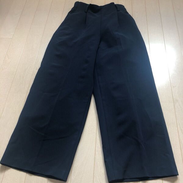 ハイウエスト ワイドパンツ タック入 ネイビー レディースS ウエストゴム 裏地あり