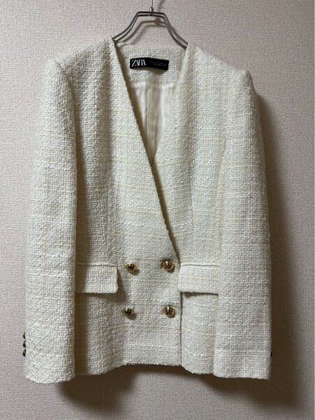 ZARA ツイードノーカラージャケット S オフホワイト アウター 新品